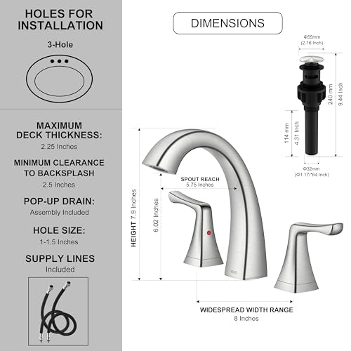 Bathroom Faucets for Sink 3 Hole, Brushed Nickel 2 Handle Widespread | Bathroom Vanity Faucet with Pop Up Drain & Supply Lines, Lead-Free cUPC & NSF Certified, 8 Inch Faucet for Vanity RV Sink - color: Brushed Nickel