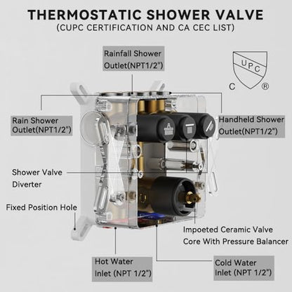 Thermostatic Shower System Matte Black, STARBATH Shower Faucets Sets 12+ 6" Wall Mount Rain Shower and 2 in 1 Handhled, Can Use All at Once, Push Button 3 Modes Valve and Trim Kit Complete Shower Set - color: Matte Black, size: 6+12 inch-12