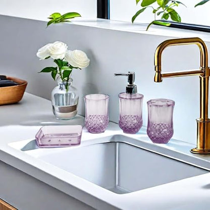 4 Pieces Toothbrush Holder Soap Dispenser Apartment Essentials Acrylic Soap Dish Bathroom Accessories Set for Countertop, Purple
