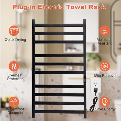 Towel Warmer Heated Towel Rack-Bar - Nopwer Bathroom Wall Mounted Electric Towel Drying Matte Black 10 Bar Plug-in - color: 10 Bar