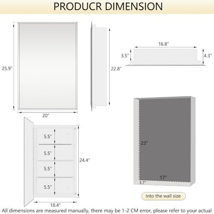 Bathroom Medicine Cabinet with 20"x26" Frameless Beveled Mirror,Recessed or Surface Mount, Space-Saving Storage for Toiletries,White Finish,Easy Installation - size: FMG-CM7005-2026
