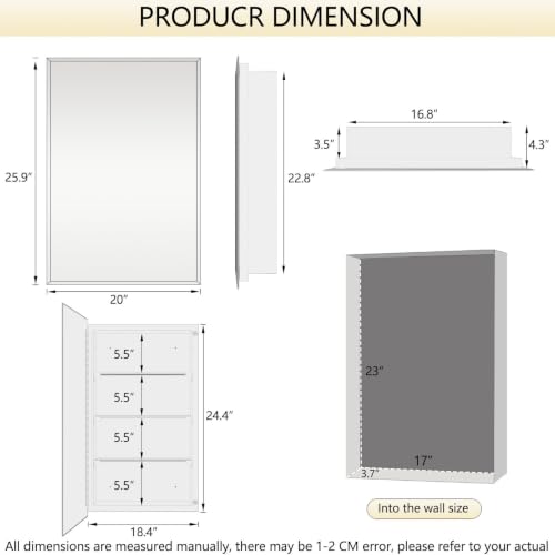 Bathroom Medicine Cabinet with 20"x26" Frameless Beveled Mirror,Recessed or Surface Mount, Space-Saving Storage for Toiletries,White Finish,Easy Installation - size: FMG-CM7005-2026