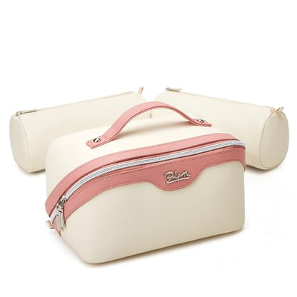 BOYATU Travel Makeup Bag Organizer Cosmetic Bag: 3 Pcs Set Make up Bags for Women with Handle - Waterproof Vegan Leather Toiletry Bags Travel Essentials Pouch with Compartments (A-08-White) - color: 02-D-White