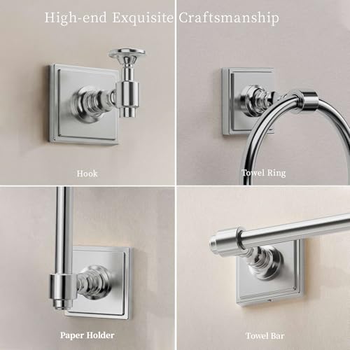 VEHCIL Polished Chrome Bathroom Towel Bar Set, 5 Piece Bathroom Hardware Accessory Set, SUS304 Stainless Steel 24" Towel Rack Holder Set for Bathroom, Wall Mounted - color: Polished Chrome