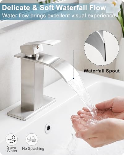 Brushed Nickel Bathroom Faucet Single Handle, Brass Waterfall Bathroom Sink Faucet 1 Hole or 4 Inch 3 Hole Bathroom Faucets with Deck Plate & Pop-up Drain Supply Hose for Lavatory No Splashing - color: Brushed Nickel - Traditional