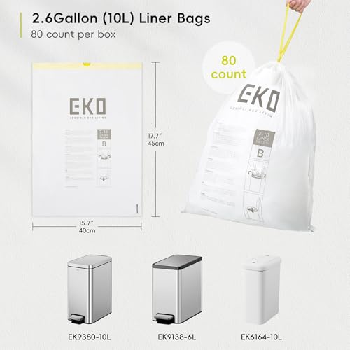 EKO Small Automatic Trash Can Starter Set - Includes 2.6 Gallon Slim Touchless Bathroom Garbage Bin Plus 80-Count of 2.6 Gallon Extra-Strong Drawstring Small Trash Bags