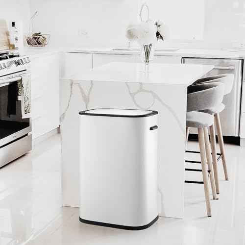14.5 Gal/55L Trash Can with Lid, Automatic Touchless Garbage Can with Soft-Close Lid & Handle, Stainless Steel Waste Basket Motion Sensor Trash Can for Kitchen, Bathroom,White(No Inner Bucket) - color: White