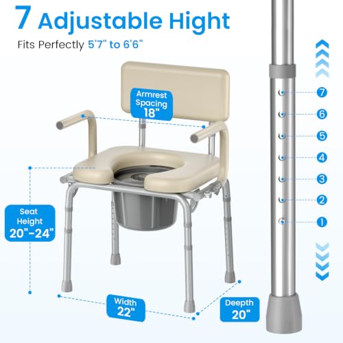 HOMLAND Drop Arm Bedside Commode Toilet with Padded Seat & Backrest, 300LB | Adjustable Height, Easy Side Transfer, Portable Toilet for Seniors and Adults, 6.3QT Bucket, Tool-free Assembly Potty Chair