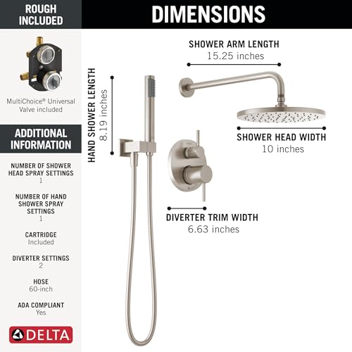Delta Modern 14 Series Round Rain Shower System Faucet Set, Rainfall Brushed Nickel Shower Head and Handle Set, Valve Trim Kit, 10 Inch, Spotshield Stainless 342702-SP - color: Stainless