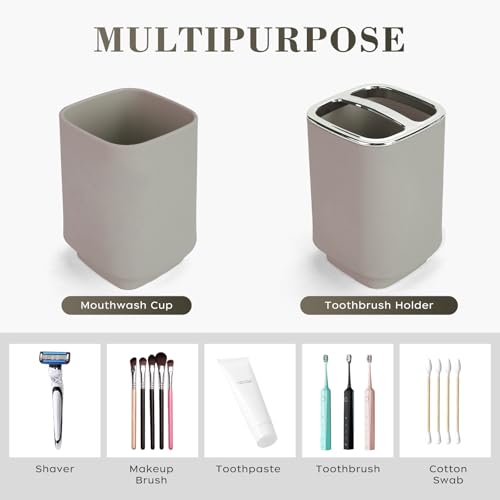 4Pcs Beige Bathroom Set, Square Boho Soap & Toothbrush Holder Set | Thick shatterproof ABS, electroplated rust-proof pump, drip-free, multi-slot holder, dustproof lids, easy-clean - color: Beige, size: 4PCS