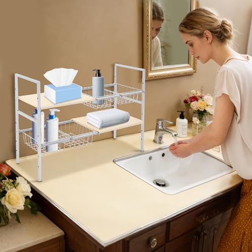 2-Tier Under Sink Organizer, Adjustable 20.9-34.6 Inch, Stainless Steel Cabinet Shelf with 4 Baskets, Cream White (Cream White) - color: Cream White
