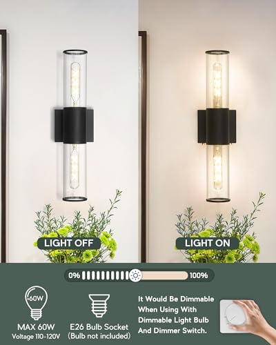 2-Pack Black Bathroom Vanity Light Fixtures, Clear Glass Shades | 2-light modern bathroom wall sconces, vertical or horizontal mount, E26 base, hardwired, bulbs not included, VL834-MB-2PK - color: Black-Clear Glass, 2-Pack