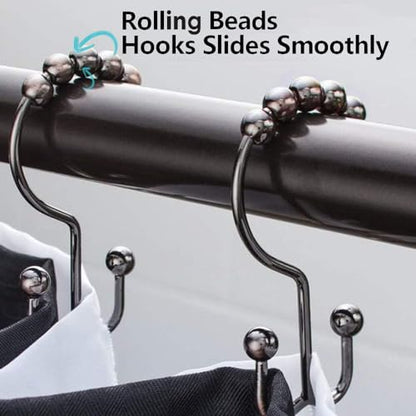 DAWNER Shower Curtain Hooks Rings, Rust Proof Hooks, Metal Easy Glide Double Shower Rings Hooks, Stainless Steel Shower Curtain Hangers for Bathroom Shower Curtains, Set of 12 Hooks, Brushed Bronze - color: Brushed Bronze