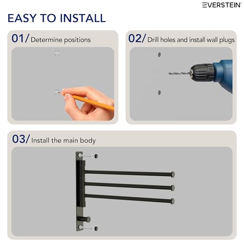 Swivel Towel Rack, Matte Black, 12.5 in, 3-Arm Towel Bar | 304 Stainless Steel, Space Saving, Wall Mounted, With Hook - color: Matte Black