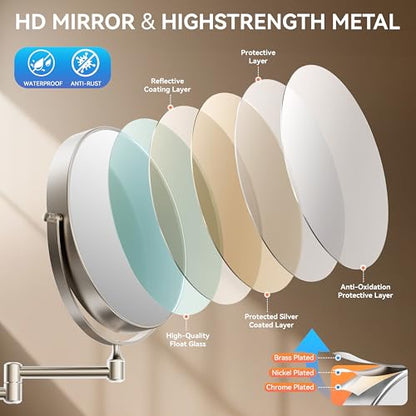 Auxmir 8" Double-Sided Wall-Mounted Makeup Mirror, 1X/30X Magnifying Mirror | stainless steel, 13-inch extendable swivel arm, 360°shaving rotation, bathroom makeup mirror, tweezers, Nickel - color: Nickel-1x/30x