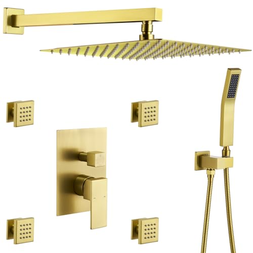 Rain Shower System With Complete 4 Pcs Body Sprays Jets And Pressured Balance Rough-in Valve,12Inch Rainfall Shower Head And Handheld, Modern Brushed Gold Wall Mount Shower Faucets Sets - color: Brushed Gold, style: Wall-Mounted 4 Jets