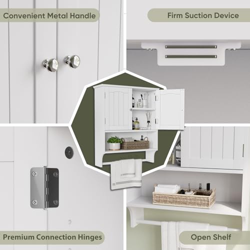 Smuxee White Bathroom Cabinet Wall Mounted with Towels Bar, Bathroom Medicine Cabinet with 2 Door Adjustable Shelves, Over Toilet Cabinet for Bathroom Laundry Room Kitchen - color: White Big With Towels Bar