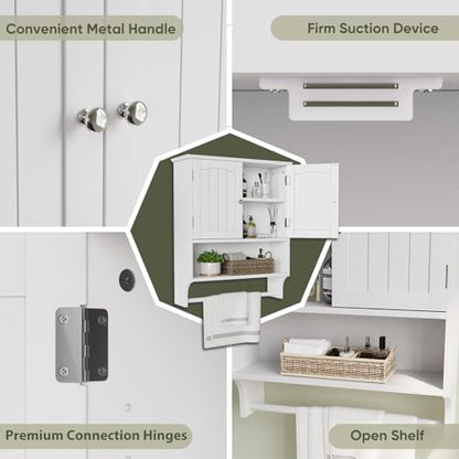 Smuxee White Bathroom Cabinet Wall Mounted with Towels Bar, Bathroom Medicine Cabinet with 2 Door Adjustable Shelves, Over Toilet Cabinet for Bathroom Laundry Room Kitchen - color: White Big With Towels Bar