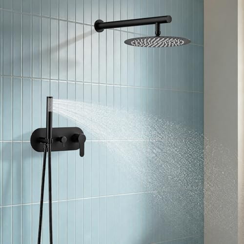 HUCKLE Shower Faucet Set, 10 Inch Rainfall Shower head With Handheld | Black Shower Head and Handheld Set, Single Handle Control, Shower System, Wall Mount, Included Brass Valve and Trim kit