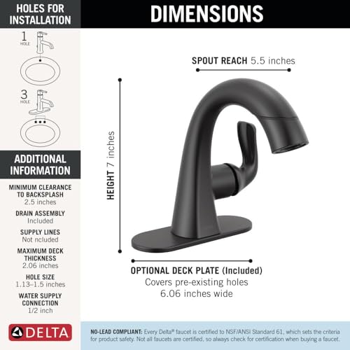 Delta Arvo 1 Hole Matte Black Bathroom Faucet with Sprayer, Single Hole Bathroom Sink Faucet with Pull Out Sprayer for Vanity, Push-Pop Drain, Matte Black 15840LF-BLPD - color: Matte Black