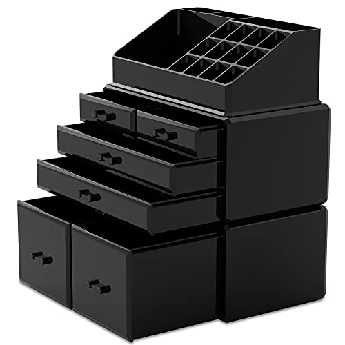 READAEER Makeup Organizer 3 Pieces Cosmetic Storage Case with 6 Drawers (Black) - color: Black