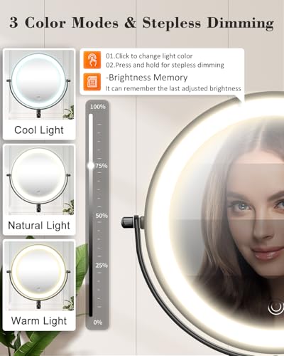 20X 9" Wall Mounted Magnifying Makeup Mirror with Light Height Adjustable | 5000mAh Double Sided Rechargeable LED Lighted Vanity Mirror with Magnification 3 Color Light up Extended Arm 360 Rotation - color: 9inches-black