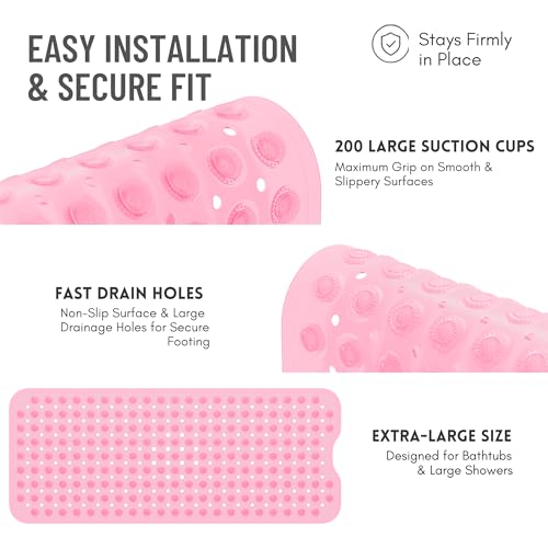 Bathtub Mat Non-Slip – 39" x 15.5" Extra Long Shower Mat with Suction Cups, BPA Free & Machine Washable, Textured Bath Mat for Tub, Ideal for Kids, Seniors & Pregnant Women, Clear Pink - color: Light Pink