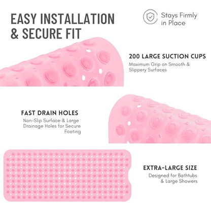 Bathtub Mat Non-Slip – 39" x 15.5" Extra Long Shower Mat with Suction Cups, BPA Free & Machine Washable, Textured Bath Mat for Tub, Ideal for Kids, Seniors & Pregnant Women, Clear Pink - color: Light Pink