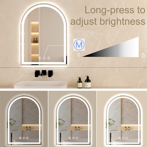 Arched LED Bathroom Mirrors with Lights 22"x36", Anti-Fog, Dimmable, Shatterproof, Touch Sensor - size: 36"L x 22"W