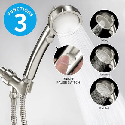 KAIYING Brushed Nickel High Pressure Handheld Shower Head with ON/OFF Switch, 3 Spray Modes, Adjustable Angle Bracket, and Hose | 3 Spray Modes Shower Wand with Shut Off Button, Camper & RV Showerhead with Hose & Angle Adjustable Bracket, Brushed Nickel -