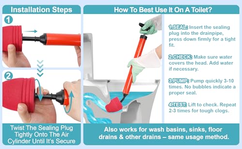 Toilet Plunger & Bathroom Plunger, High Pressure Heavy Duty - Powerful Air Drain Unclogger & Toilet Clog Remover, Premium Toilet Snake for Drains & Clogged Pipes