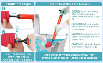 Toilet Plunger & Bathroom Plunger, High Pressure Heavy Duty - Powerful Air Drain Unclogger & Toilet Clog Remover, Premium Toilet Snake for Drains & Clogged Pipes
