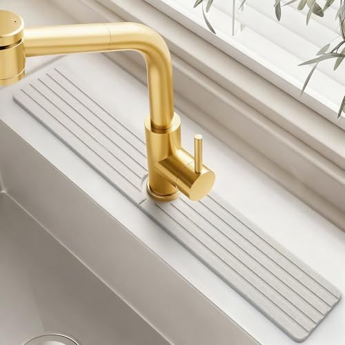 Diatomite Stone Faucet Mat for Kitchen Sink, 23.6 Inch Fast Drying Splash Guard, Super Absorbent Sink Tray Caddy for Dish Soap & Sponge, Bathroom Counter Protector & Organizer, White