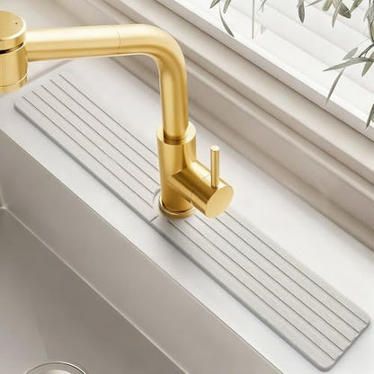 Diatomite Stone Faucet Mat for Kitchen Sink, 23.6 Inch Fast Drying Splash Guard, Super Absorbent Sink Tray Caddy for Dish Soap & Sponge, Bathroom Counter Protector & Organizer, White