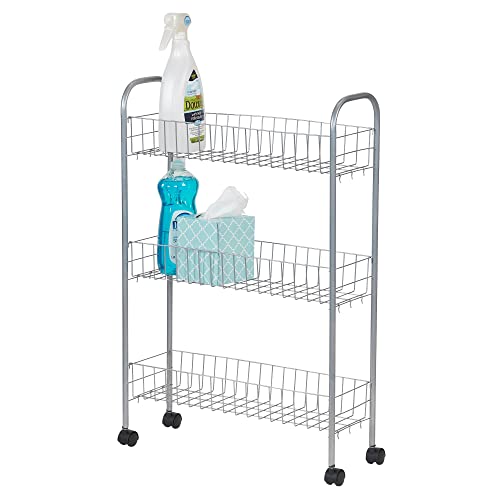 Household Essentials Slim Storage Cart, 3 Shelf Storage Cart with Wheels, Perfect for Laundry Rooms, Bathrooms, Pantries, Kitchens and More - style: 7" Silver - Basic