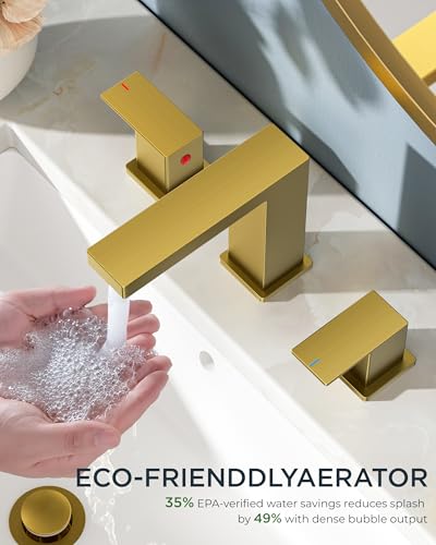 FORIOUS 2 Pack 8" Widespread Gold Bathroom Faucet 3 Hole, Commercial Faucet | 2 Handle Wholesale Square Brushed Gold Bathroom Sink Faucet 3 Holes, Vanity Faucet with Drain, Supply Line and 1.2gpm Aerator - color: Brushed Gold × 2, style: Modern