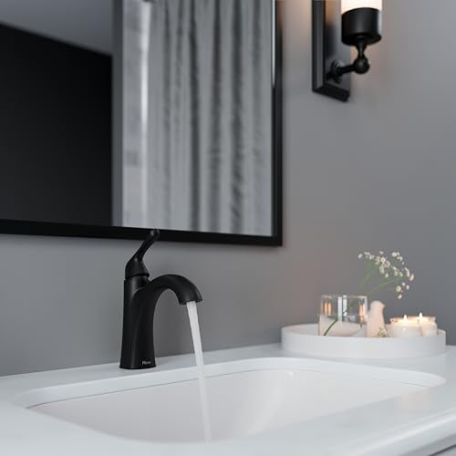 Pfister Willa Single Handle Bathroom Sink Faucet 1 Hole Matte Black with Spot Defense Finish Push & Seal Drain NSF Certified Water Efficient Vanity Faucet LF042MALSDB - color: Spot Defense Matte Black, size: 1 Pack