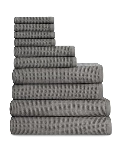 Cozy Earth Complete Waffle Bath Bundle, 60% Cotton 40% Viscose from Bamboo | Quick Dry and Ultra-Soft Waffle Weave Bath Towels, 4 Washcloths, 2 Hand Towels, 2 Bath Towels, 2 Bath Sheets, Charcoal - color: Charcoal