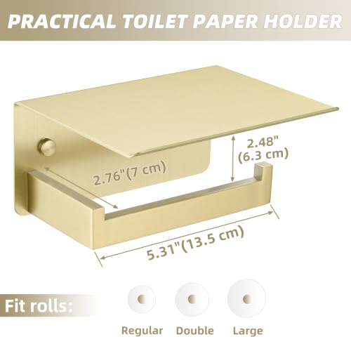 Brushed Gold Toilet Paper Holder with Shelf, 304 Stainless Steel Wall Mount Tissue Roll Holder for Bathroom - color: Brushed Gold, size: Single Rod