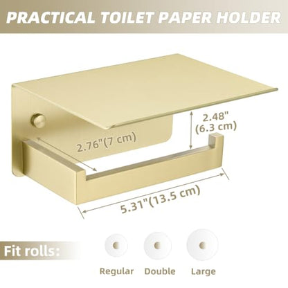 Brushed Gold Toilet Paper Holder with Shelf, 304 Stainless Steel Wall Mount Tissue Roll Holder for Bathroom - color: Brushed Gold, size: Single Rod