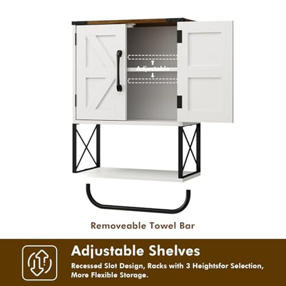 RUSTOWN Farmhouse Rustic Medicine Cabinet with Two Barn Door,Wood Wall Mounted Storage Cabinet w/Dark Brown Top & Adjustable Shelf and Towel Bar, 3-Tier Cabinet for Bathroom(White) | Dark Brown Top, Adjustable Shelf, Towel Bar, 3-Tier Rustic Wood Wall Mou