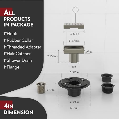 4 Inch Square Shower Drain Nickel Floor Drain with Flange Square Holes Pattern Cover Grate Removable SUS304 Stainless Steel Watermark&CUPC Certified Brushed Nickel - color: Brushed Nickel, size: 4 Inch