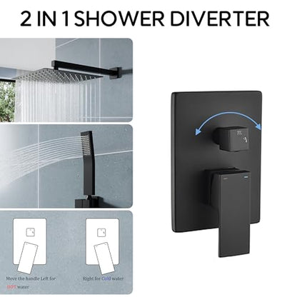 WELLFOR 12-In Wall Mounted Rain Shower Faucet with Single Handle and Handheld Spray, Waterfall Dual Head Shower Head System with 2-way Diverter, Pressure-balanced Valve Included, Matte Black - color: Matte Black, style: Wall Mount 12-Inch