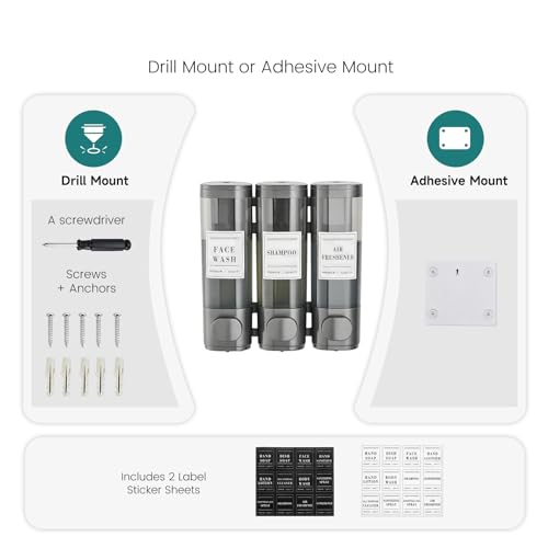 Shower Soap Dispenser 3 Chamber No Drill Wall-Mounted Shampoo Dispenser | Shampoo and Conditioner Dispenser,Wall Mounted Shower Dispenser for Bathroom Hotel Large Capacity,Gun Gray - color: 3gray