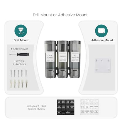 Shower Soap Dispenser 3 Chamber No Drill Wall-Mounted Shampoo Dispenser | Shampoo and Conditioner Dispenser,Wall Mounted Shower Dispenser for Bathroom Hotel Large Capacity,Gun Gray - color: 3gray
