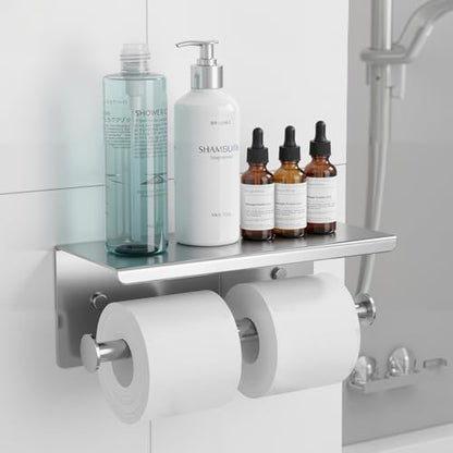 Double Toilet Paper Holder with Shelf, Wall Mount Tissue Roll Holder for Bathroom, 304 Stainless Steel Commercial Toilet Tissue Dispensers with Phone Shelf(Natural) - color: Natural