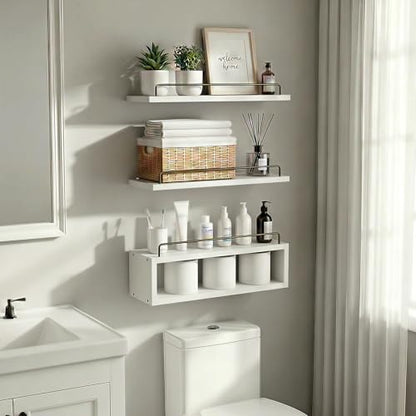 LANDNEOO Floating Shelves for Wall with Cube Shelf, Set of 3 Wood Bathroom Shelves Over Toilet for Storage, Wall Mounted Organizer with Metal Rail for Restroom Decor and Toilet Paper, White