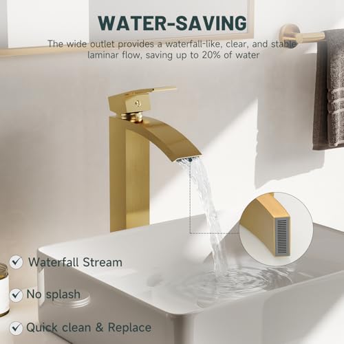 Brushed Gold Vessel Sink Faucet, Waterfall Bathroom Faucets | Brass, Tall Spout, Single Handle 1 Hole Bathroom Faucet, Modern Basin Taps with Supply Line, Pop Up Drain, Without Overflow - color: Brushed Gold, size: Tall