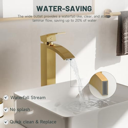 Brushed Gold Vessel Sink Faucet, Waterfall Bathroom Faucets | Brass, Tall Spout, Single Handle 1 Hole Bathroom Faucet, Modern Basin Taps with Supply Line, Pop Up Drain, Without Overflow - color: Brushed Gold, size: Tall