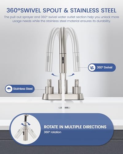 Bathroom Sink Faucet with Pull Out Sprayer - 4 Inch Lead-Free Bathroom Faucets for 3 Hole Sink, Brushed Nickel 2 Handle Vanity Sink Faucet Bathroom with Pop Up Drain
